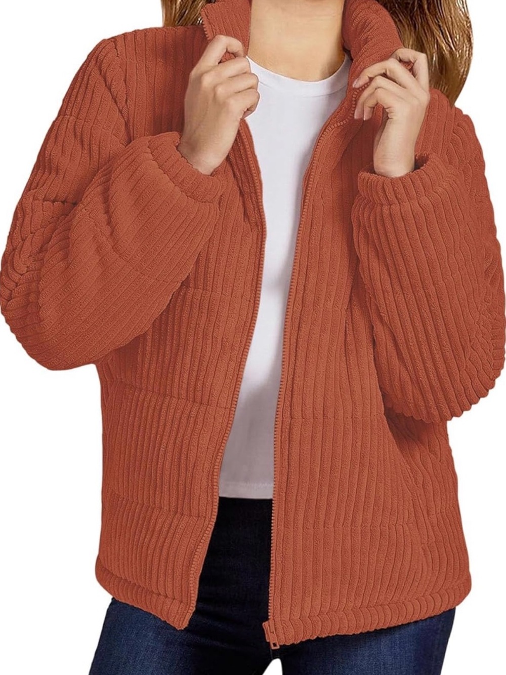 Girl’s Courduroy Zip-Up Sweater Jacket - Rust Orange
